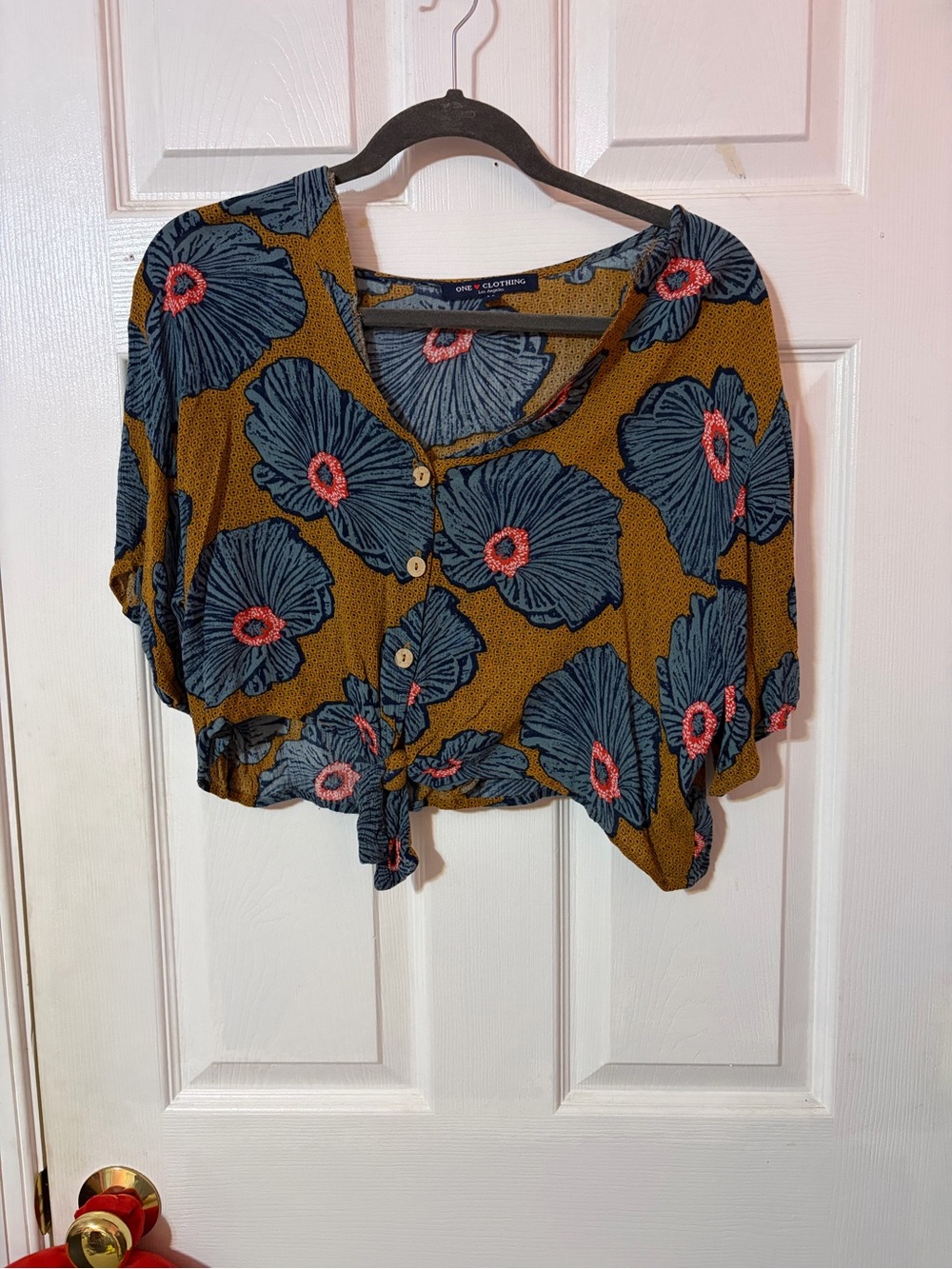 one clothing Mustard Floral Tie-Front Crop Top with Blue and Pink Accents